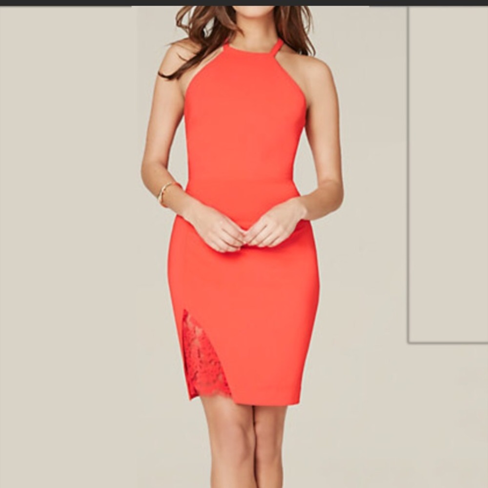 Bebe orange dress with thigh slit and lace reveal